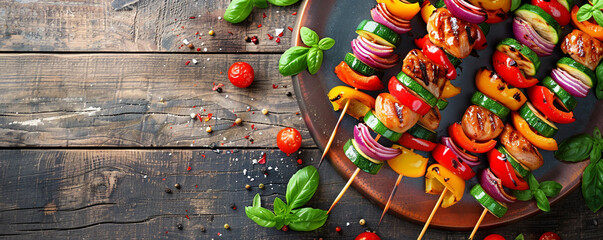 Platter of colorful vegetable skewers fresh off the grill. Top view on a sunny outdoor picnic table Top view space to copy