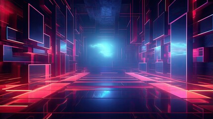 3D rendering of a futuristic tunnel with red glowing lines and blue light at the end of the tunnel.