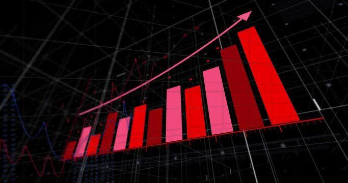 Animation of statistics and financial data processing over black background