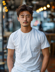 Leerer Raum für Ihre Marke: Asiatischer Mann trägt weißes T-Shirt - obrazy, fototapety, plakaty