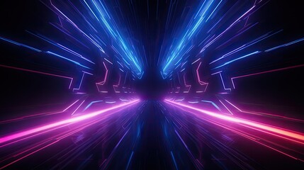 A dark futuristic tunnel with glowing blue and purple neon lights.