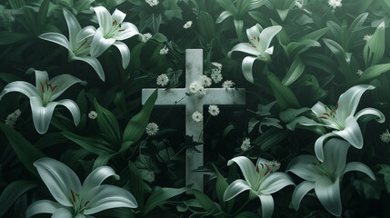A cross surrounded by white lilies, the flowers traditionally associated with Easter, representing purity and renewal.