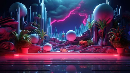 The image is a surreal landscape with a pink and blue color scheme.