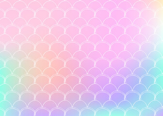 Holographic scale background with gradient mermaid. Bright color transitions. Fish tail banner and invitation. Underwater and sea pattern for girlie party. Spectrum backdrop with holographic scale.