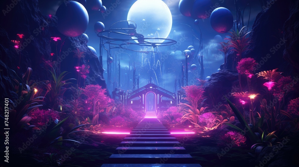 Poster the image is a surreal landscape with a glowing moon and a path leading to a temple.