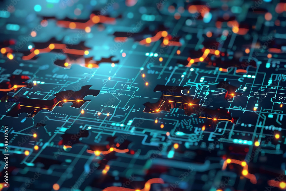 Poster a circuit board with a few pieces of puzzle on it