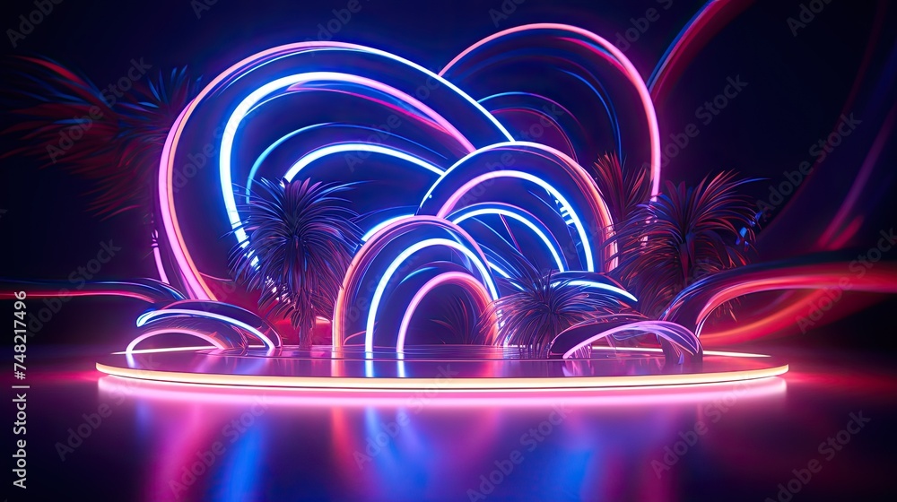 Poster 3d rendering of a stage with palm trees and neon lights. the stage is lit by bright neon lights and 