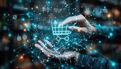 E-commerce technology, Businessman touch the e-commerce icon on global network structure. E-commerce ensures the secure flow of business transactions in the era of global connected commerce - obrazy, fototapety, plakaty