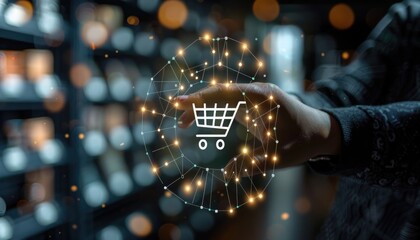 E-commerce technology, Businessman touch the e-commerce icon on global network structure. E-commerce ensures the secure flow of business transactions in the era of global connected commerce