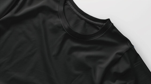 High-resolution close-up of a blank black t-shirt on a white background.
