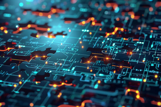 A circuit board with a few pieces of puzzle on it