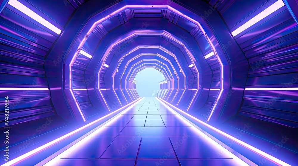 Poster 3d rendering of a futuristic tunnel with glowing purple neon lights. the tunnel is made of metal and