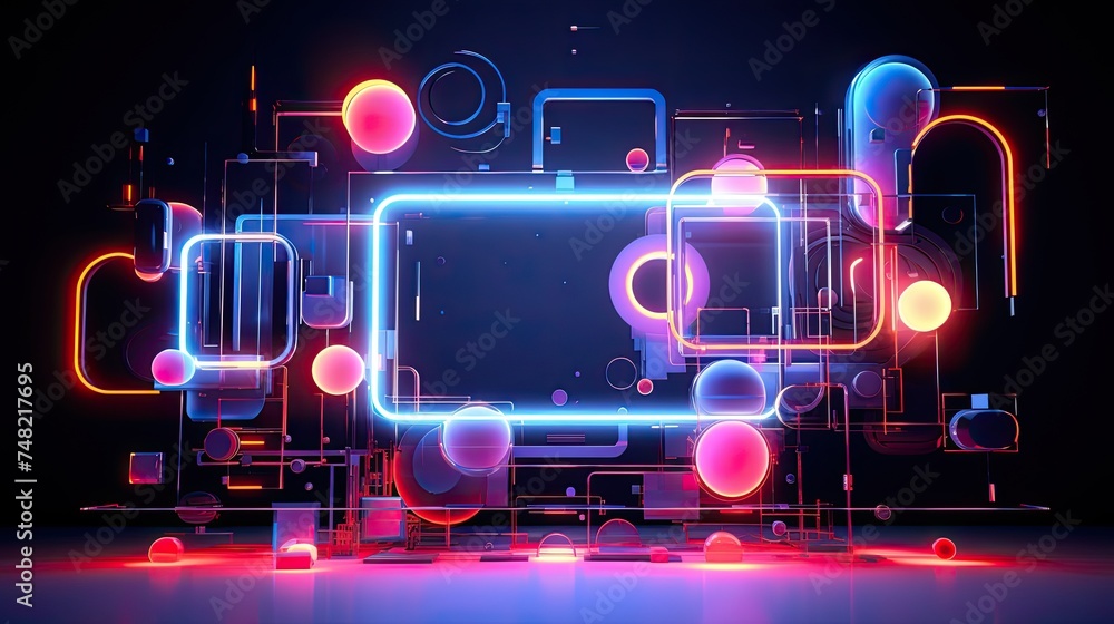 Poster 3d rendering of an abstract background with glowing neon lights and geometric shapes.