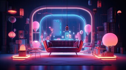 A retro-futuristic living room with a large curved window.
