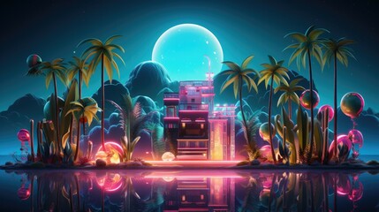 A surreal landscape with a large pink and blue house in the center. The house is surrounded by palm trees and other tropical plants. - Powered by Adobe