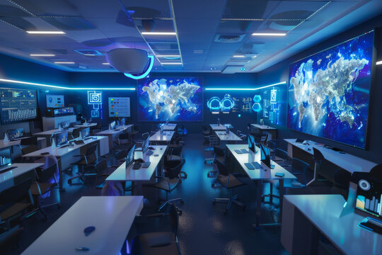 A classroom with a map of the world on the wall