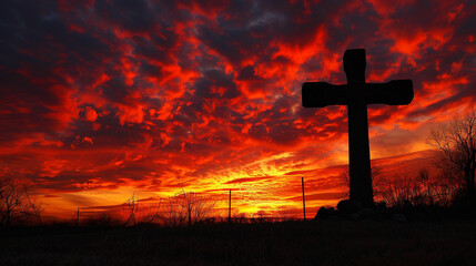A fiery sunset creating a dramatic backdrop for a silhouette of a cross, reflecting the power and passion of faith