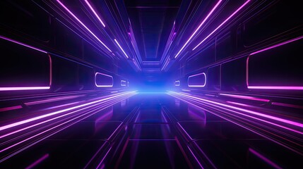 A dark and mysterious tunnel with glowing purple neon lights. The tunnel is long and narrow, with a bright light at the end.