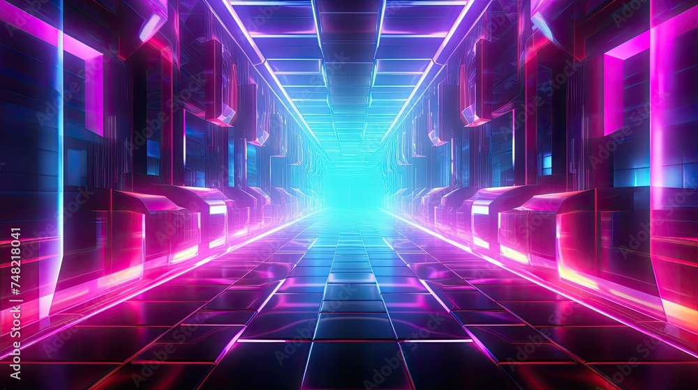 Poster a 3d rendering of a futuristic tunnel with glowing neon lights. the tunnel is dark and mysterious, w