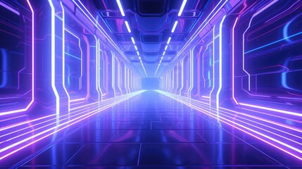 A long, futuristic corridor with glowing neon lights on the walls and floor.