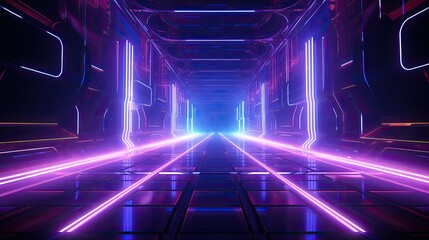Fototapeta premium Glowing purple and blue neon lights illuminate a futuristic tunnel.