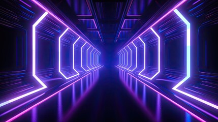Glowing purple and blue neon lights illuminate a futuristic tunnel.
