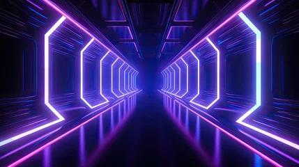 Photo sur Plexiglas Bleu foncé Glowing purple and blue neon lights illuminate a futuristic tunnel.
