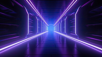 Glowing purple neon lights in a dark futuristic sci-fi tunnel. 3D rendering.