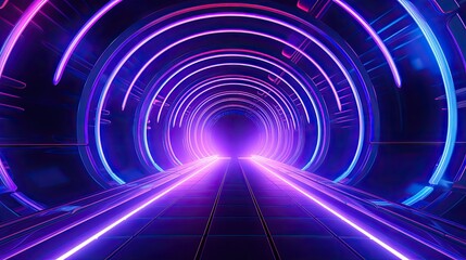 Glowing purple and blue neon lights form a futuristic tunnel.
