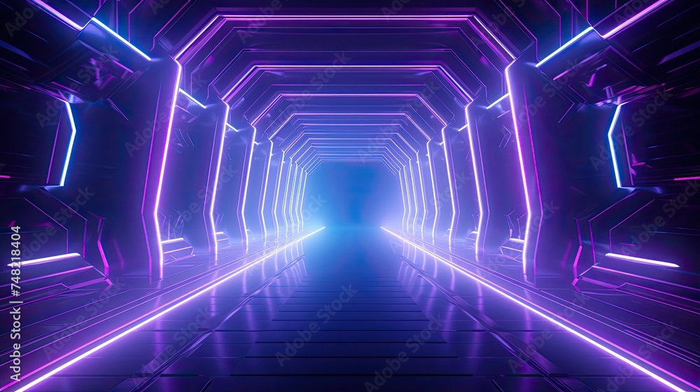 Poster 3d rendering of a futuristic sci-fi corridor with glowing neon lights.