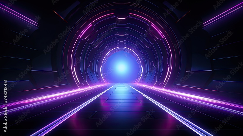 Poster 3d rendering of a futuristic tunnel with glowing neon lights. the tunnel is dark and mysterious, wit