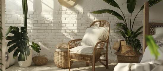 A cozy bohemian room featuring a wicker chair, potted plants, and a white brick wall adorned with brimmed hats. The room exudes a warm and inviting atmosphere with its eclectic decor.
