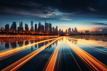 Poster Abstract city road lights at night, traffic motion blurred, long exposure urban highway background © Natali9yarova