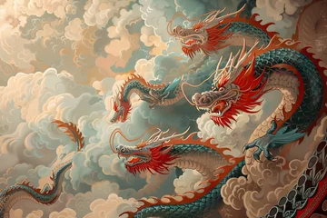 Tuinposter chinese dragons on the sky, in the style of graphic novel inspired illustrations © Kitta