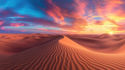 An expansive desert landscape at sunset, vivid colors in the sky, dunes creating patterns, portraying the beauty of wilderness. Resplendent. - obrazy, fototapety, plakaty