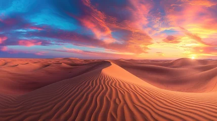 Foto op Canvas An expansive desert landscape at sunset, vivid colors in the sky, dunes creating patterns, portraying the beauty of wilderness. Resplendent. © Summit Art Creations