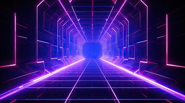 3D rendering illustration of a futuristic tunnel with glowing neon lights.