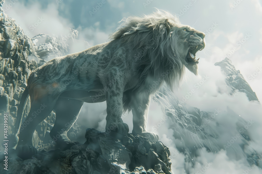 Canvas Prints 
Looking up, a huge gray-white lion stands on the edge of the cliff