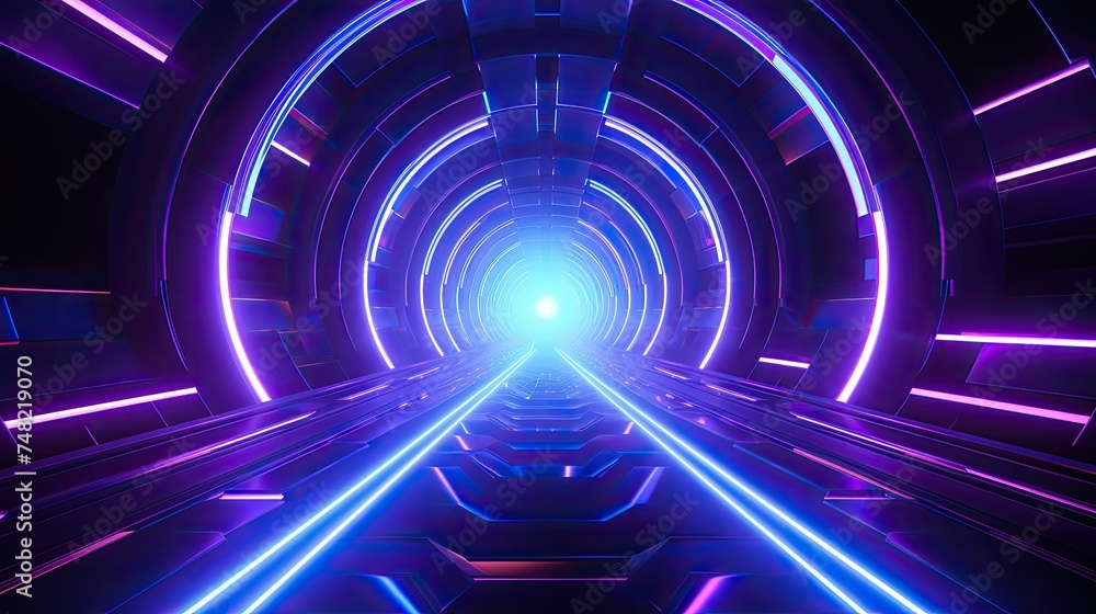 Poster 3d rendering of a glowing blue and purple neon tunnel. the tunnel is made up of a series of concentr