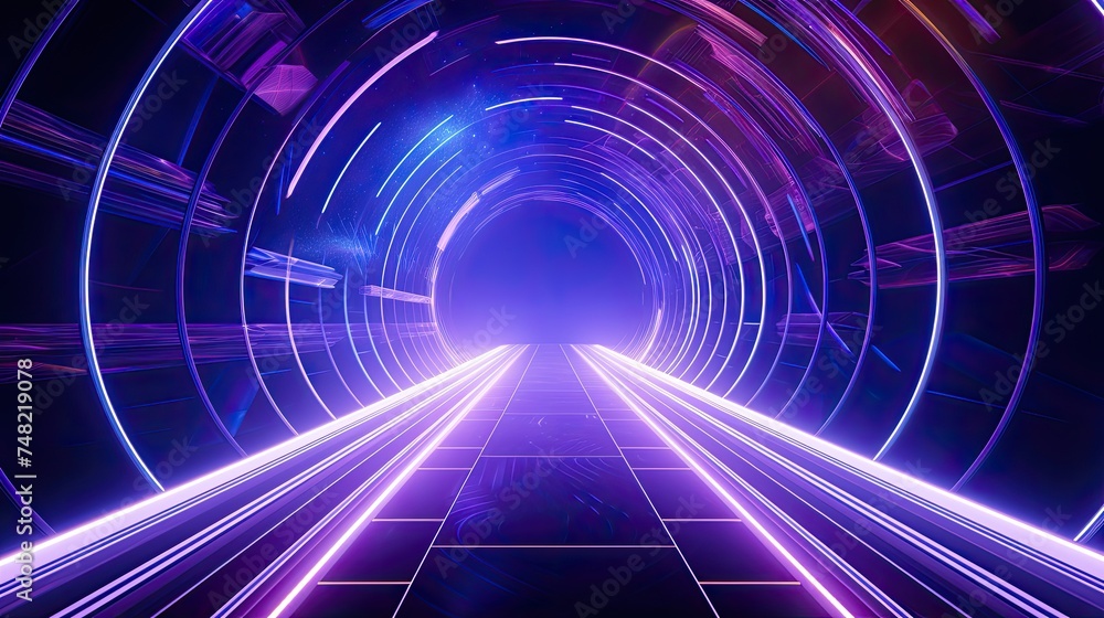 Poster a journey through a glowing purple tunnel. the light is reflecting off the walls and creating a beau