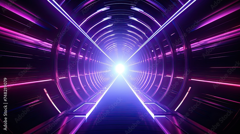 Poster 3d rendering of a futuristic tunnel with glowing neon lights. the tunnel is dark and mysterious, wit