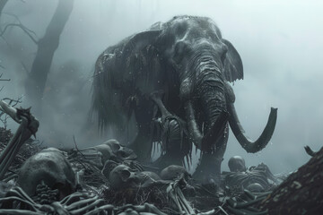 
Look up, A ferocious and strong elephant stands on a pile of skeletons