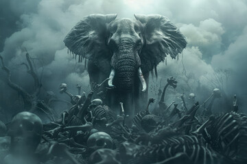 
Look up, A ferocious and strong elephant stands on a pile of skeletons