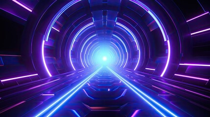 3D rendering of a glowing blue and purple neon tunnel. The tunnel is made up of a series of concentric circles, each one smaller than the last.