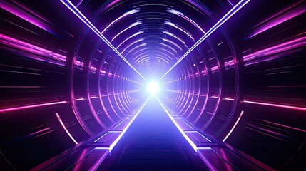 3D rendering of a futuristic tunnel with glowing neon lights. The tunnel is dark and mysterious, with a bright light at the end.