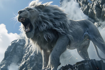 
Looking up, a huge gray-white lion stands on the edge of the cliff