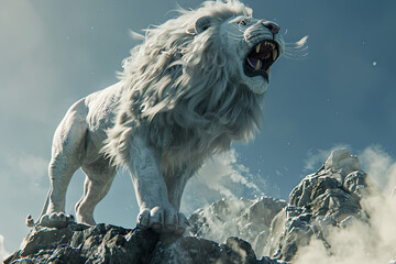 
Looking up, a huge gray-white lion stands on the edge of the cliff