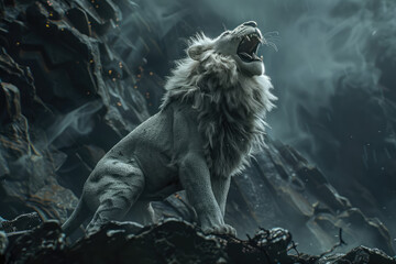 
Looking up, a huge gray-white lion stands on the edge of the cliff