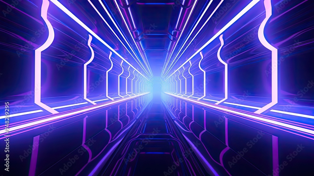 Poster 3d rendering of a futuristic tunnel with glowing neon lights. the tunnel is dark and mysterious, wit