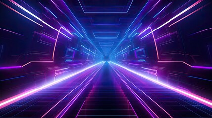 This is an abstract image of a tunnel with glowing purple and blue neon lights.